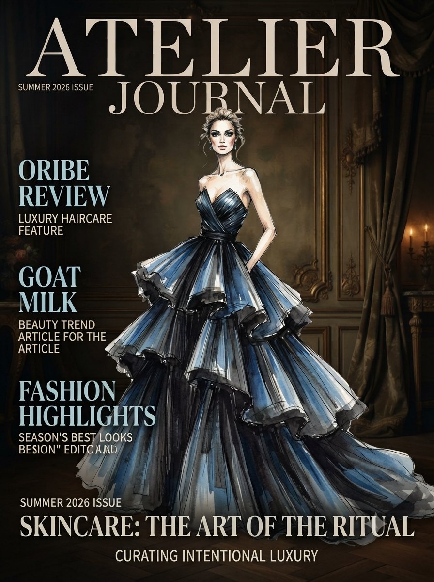 Atelier Journal Summer 2026 cover, a watercolour illustration of a tiered blue and black couture gown