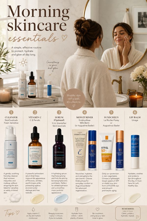 Morning skincare essentials guide showing six products in order of use