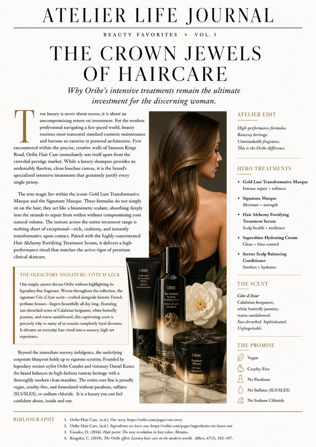 Editorial page about Oribe haircare treatments with product photography