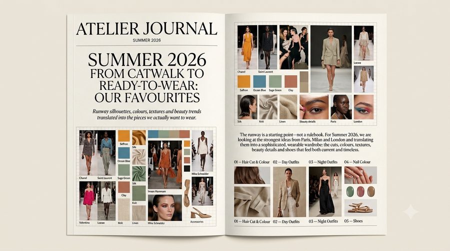 Summer 2026 fashion spread with runway looks, colour swatches and fabric samples